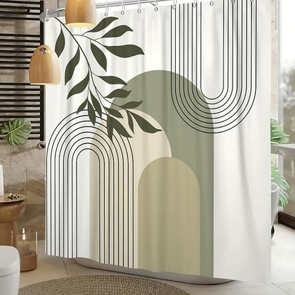 Boho Sage Green Shower Curtain Mid Century Modern Abstract Plant Botanical Bathroom Curtain Minimalist Neutral Geometric Arch Bath Decor Polyester Set with Hooks 48x72 inch