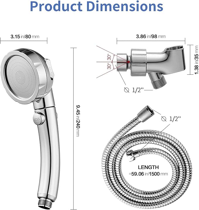 SINGSUO High Pressure Handheld Shower Head with On Off Switch (Chrome) | Detachable Shower Head, 3 Spray Modes Shower Massager Handheld with Hose and Adjustable Angle Bracket