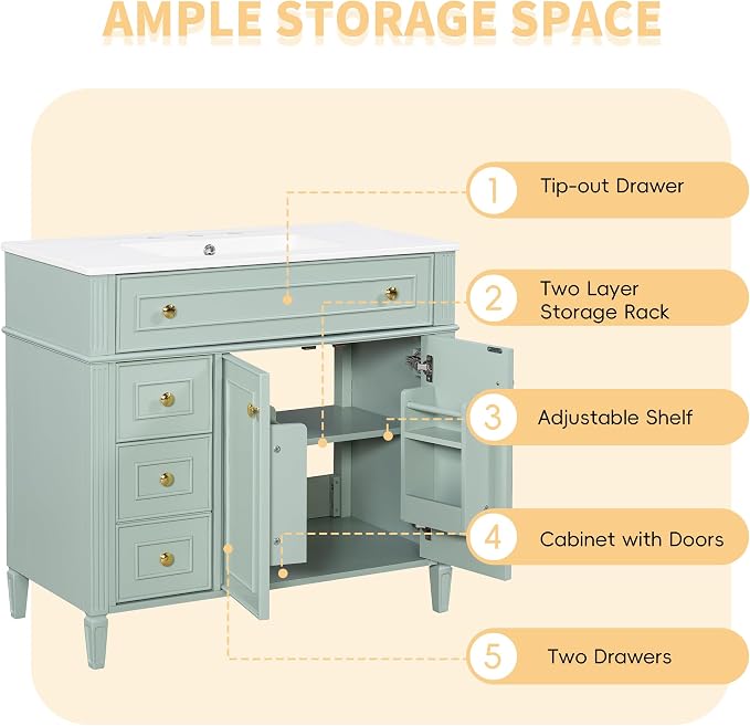 36" Bathroom Vanity Cabinet with Ceramic Countertop Sink Combo Set, Solid Wood Frame, Tilt-Out Drawers and Left Side Drawers, Soft Closing Door Hinges, Modern Style, Green