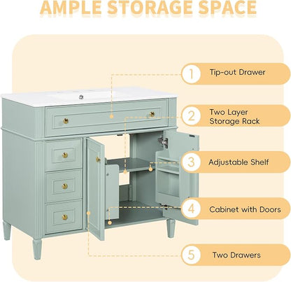 36" Bathroom Vanity Cabinet with Ceramic Countertop Sink Combo Set, Solid Wood Frame, Tilt-Out Drawers and Left Side Drawers, Soft Closing Door Hinges, Modern Style, Green