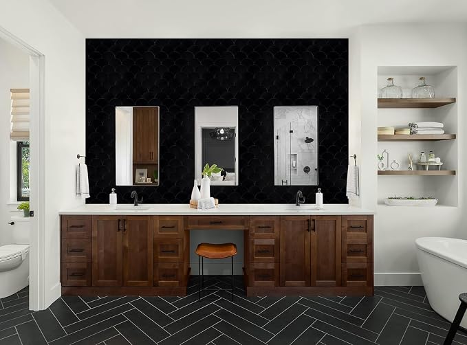 Fish Scale Black Peel and Stick Backsplash Tile, Fan Mosaic Self Adhesive Wall Tiles for Kitchen Bathroom-12 Sheet