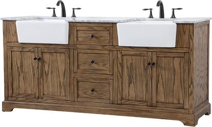72" Pre-Assembled Bathroom Vanity with Sink, Solid Birch and MDF, Carrara White Marble Countertop Attached, Double Rectangle Porcelain Sink, 3 Soft-Close Drawers, Driftwood