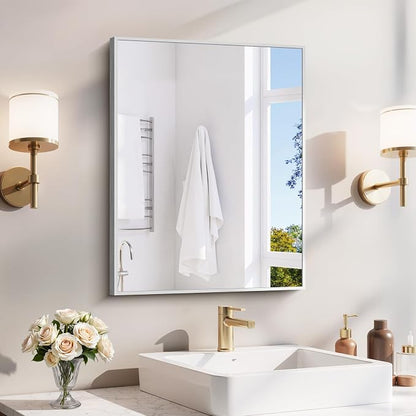 YIROMAN Bathroom Mirror 18"x24",Brushed Silver Bathroom Mirror for Over Sink with Aluminum Frame, Rectangular Vanity Mirror with Right Angle, Wall Mirror Hangs Horizontal or Vertical