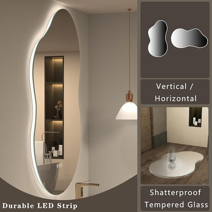 OKPAL Irregular Backlit Bathroom Mirror with Lights 20 x 36, Asymmetrical Cloud Led Lighted Vanity Mirror for Wall, Anit-Fog, Dimmable, Memory Function (Horizontal/Vertical)