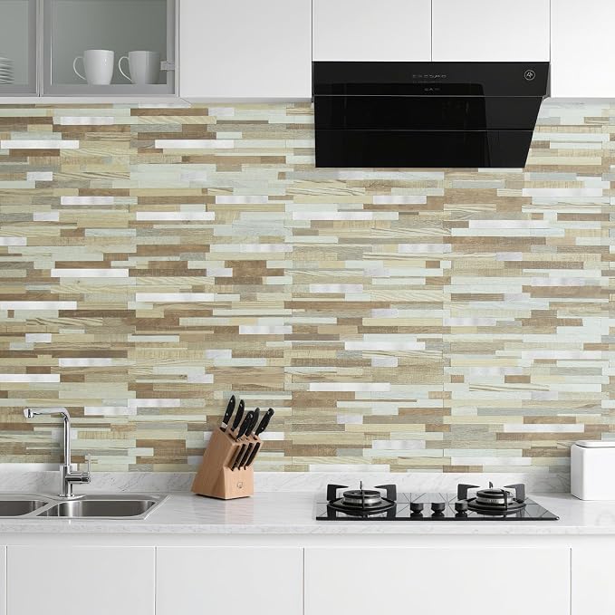 AULIGET 20 Sheets Beige & Brown Wood Peel and Stick Backsplash, PVC Mixed Metal Silver Wall Tile Stick on Backsplash for Kitchen and Bathroom