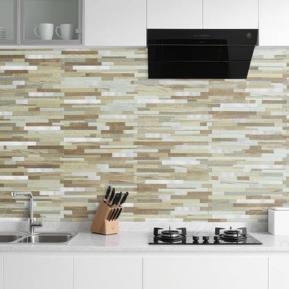 AULIGET 20 Sheets Beige & Brown Wood Peel and Stick Backsplash, PVC Mixed Metal Silver Wall Tile Stick on Backsplash for Kitchen and Bathroom