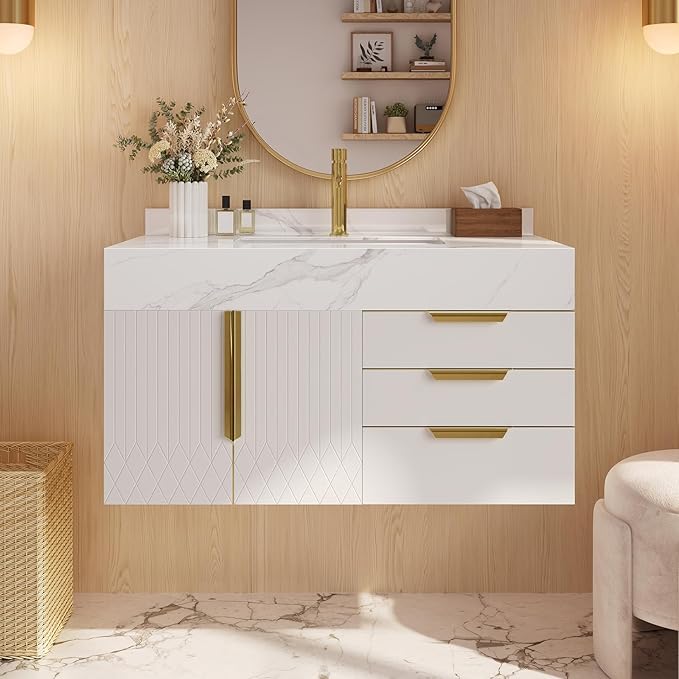 Bathroom Vanity with Sink, Modern Bathroom Vanity with Faux Marble Top, Gold Hardware & Soft-Close Drawers for Bathroom Storage (35.4 Inch, White, Single Sink & Floating)