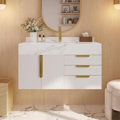 Bathroom Vanity with Sink, Modern Bathroom Vanity with Faux Marble Top, Gold Hardware & Soft-Close Drawers for Bathroom Storage (35.4 Inch, White, Single Sink & Floating)