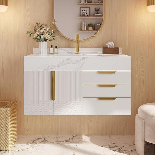Bathroom Vanity with Sink, Modern Bathroom Vanity with Faux Marble Top, Gold Hardware & Soft-Close Drawers for Bathroom Storage (35.4 Inch, White, Single Sink & Floating)