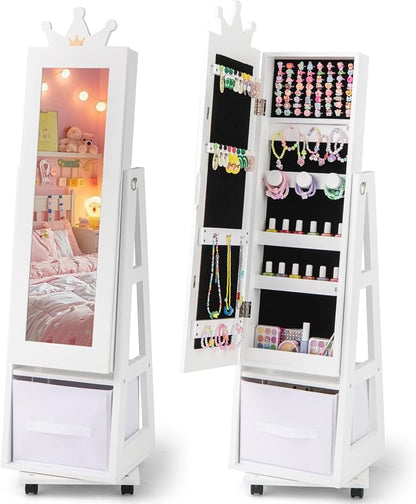 CHARMAID 360° Swivel Kids Jewelry Cabinet, 48" Standing Jewelry Organizer with Full Length Mirror, Storage Drawer, Kids Vanity Dressing Mirror, Jewelry Armoire with Lockable Wheels for Girls (White)