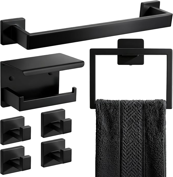 7-Piece Matte Black Bathroom Accessories Hardware Set, Stainless Steel 16" Towel Bar, Towel Ring, Toilet Paper Holder with Shelf, 4 Towel Hooks, Wall Mounted for Bathroom, Kitchen, Hotel