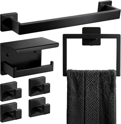 7-Piece Matte Black Bathroom Accessories Hardware Set, Stainless Steel 16" Towel Bar, Towel Ring, Toilet Paper Holder with Shelf, 4 Towel Hooks, Wall Mounted for Bathroom, Kitchen, Hotel