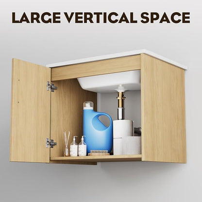 24 Inch Oak Floating Bathroom Vanity, Pre-Assembled Wall-Mounted Cabinet with 2 Soft-Close Doors & 3 Hole Ceramic Sink, No Faucet,BV08-24-OAK