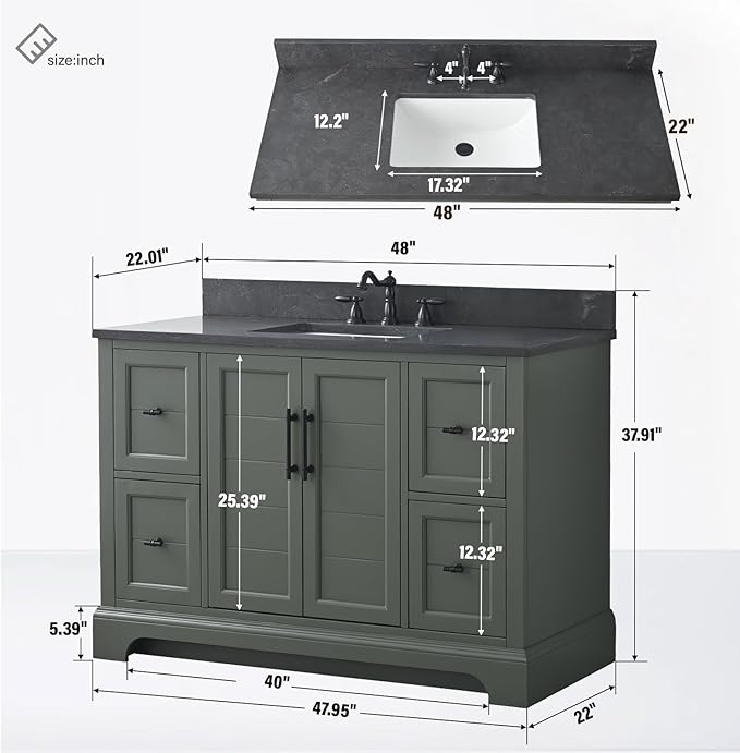 HOMEBEYOND 48 Inch Bathroom Vanity with Single Sink & Ceramic Top, Vanity Cabinet with Center Countertop Basin, Soft-Closing Doors, Backsplash, Vintage Green