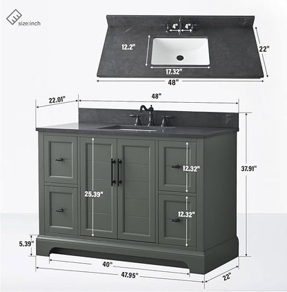 HOMEBEYOND 48 Inch Bathroom Vanity with Single Sink & Ceramic Top, Vanity Cabinet with Center Countertop Basin, Soft-Closing Doors, Backsplash, Vintage Green