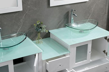 76" Freestanding Wooden Modern Bathroom Vanity with Double Vessel Sink Set Bathroom Mirror Included (Clear Sink White)