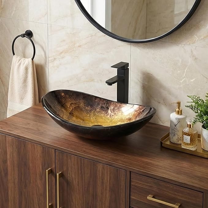 32'' Bathroom Vanity with Sink, Modern Bathroom Cabinet, Black | 2 Soft-Close Cabinet Doors, 4 Drawers, 2-Tier Inner Shelf, Freestanding Large Storage Cabinet, Gold Boat Glass Sink