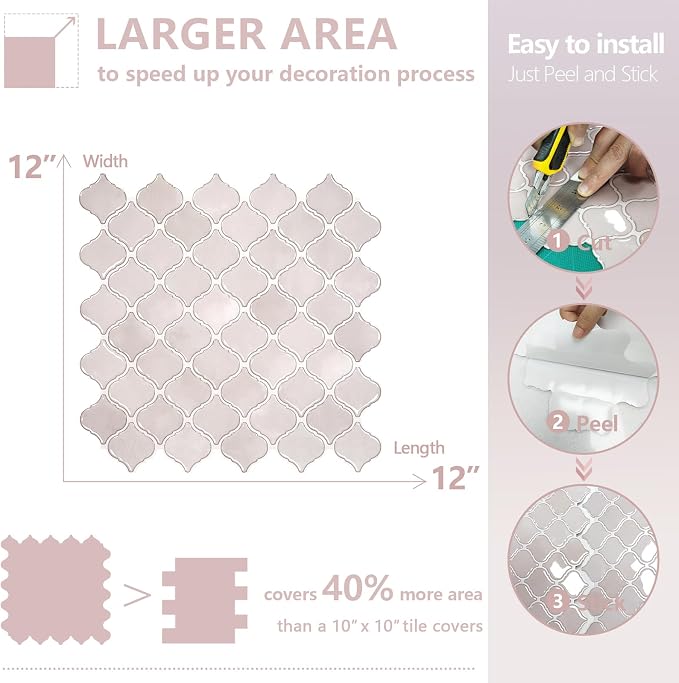 STICKGOO Arabesque Peel and Stick Backsplash, 12”X12” Backsplash Tile for Kitchen Peel and Stick, Self Adhesive Wall Tile Stick on Tiles (Pink Grey)