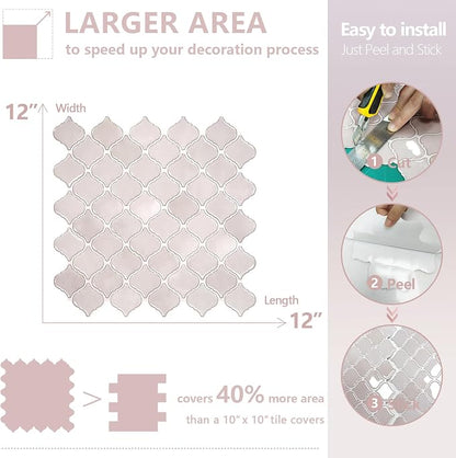 STICKGOO Arabesque Peel and Stick Backsplash, 12”X12” Backsplash Tile for Kitchen Peel and Stick, Self Adhesive Wall Tile Stick on Tiles (Pink Grey)