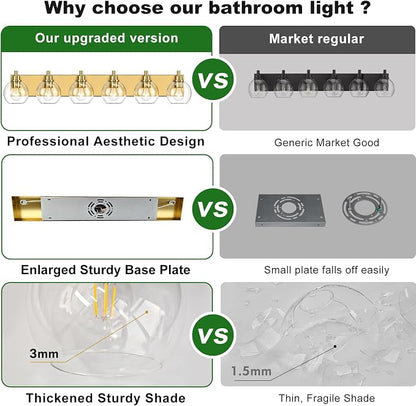 IZORRO Bathroom Light Fixtures, 6-Light Brushed Gold Vanity Light, Modern Wall Sconces with Globe Clear Glass Shade, Vanity Lighting Fixtures Over Mirror,E26 Bulb Socket