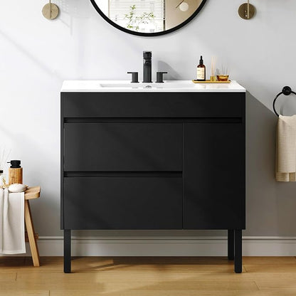 YITAHOME 36 Inch Bathroom Vanity with Sink | Bathroom Cabinet Vanity for Media Space, Freestanding Storage Bathroom Vanity with 1 Soft Closing Cabinet & 2 Drawers, Black