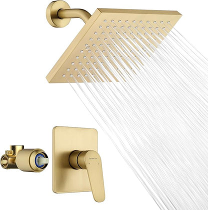 Gold Shower Head and Valve Set Single Spray Premium Wall Mount 8 Inch Rainfall Squre 1 Handle Shower Faucet with Rough-in Valves and Knob Kit for Bathroom Mixer （1.8GPM)