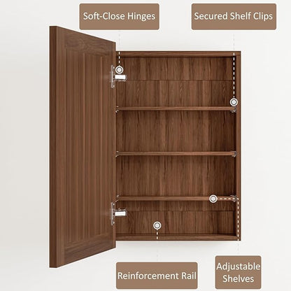 Buruis 20 x 28 Inch Walnut Grain Medicine Cabinet with Mirror, Recessed or Wall-Mounted Wood Storage Cabinet for Bathroom, Adjustable Shelves, Soft-Close Hinges, Rectangle