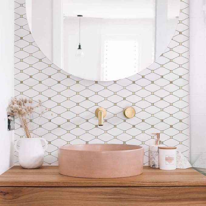 STICKGOO 1 Sheet Peel and Stick Backsplash, Pure White Marble Look PVC Mixed Metal Gold Kitchen Backsplash, Stick on Backsplash Wall Tiles for Kitchen, Bathroom, RV