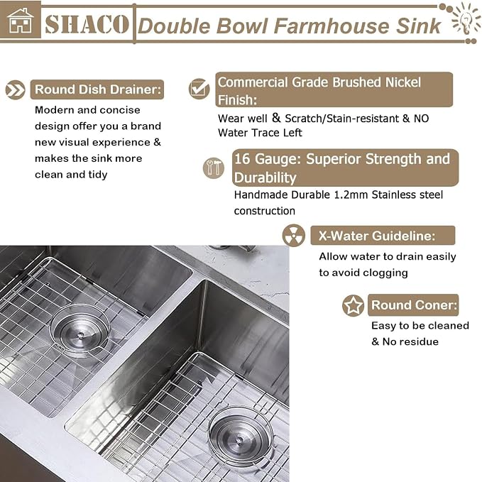 33 Inch Double Bowl Divided 50/50 Farmhouse Sink, 33x21 Stainless Steel Undermount Apron Front Farm Kitchen Sink