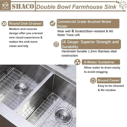 33 Inch Double Bowl Divided 50/50 Farmhouse Sink, 33x21 Stainless Steel Undermount Apron Front Farm Kitchen Sink