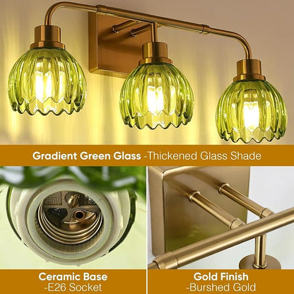 Ralbay Vintage Bathroom Light Fixtures,Gold Bathroom Vanity Light,Matte Antique Brass Finish with Green Crystal Glass Shade,Wall Sconces Lighting for Bedroom,Living Room,Hallway(3-Light)