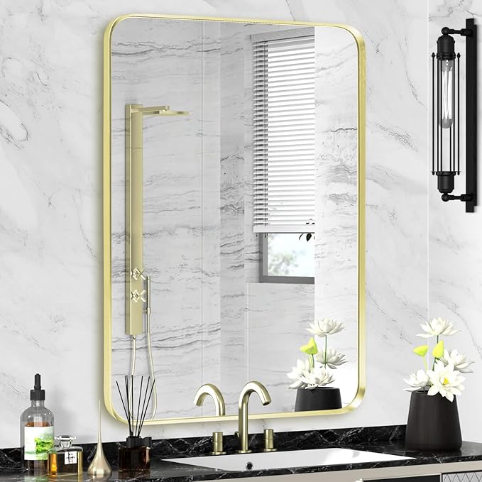 Gold Bathroom Mirror 24x32in, Metal Framed Rounded Rectangle Wall | Tempered Glass, Anti-Rust Frame, Hangs Horizontal or Vertical, HD Reflection Clarity