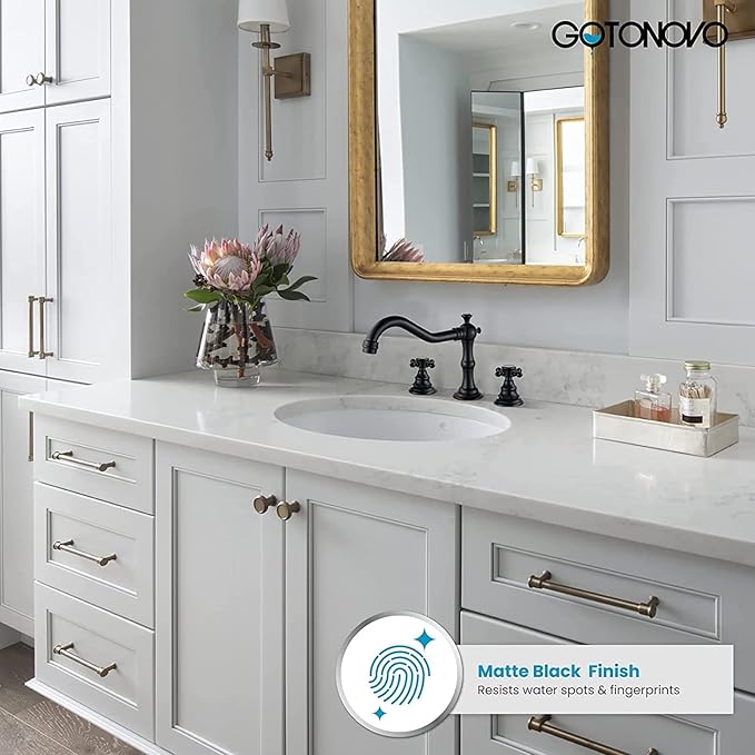 gotonovo 3 Hole Widespread Bathroom Sink Faucet Double Cross Handle Mixer Tap Faucet for Bathroom Sink Vanity Faucet Deck Mount Basin Hot Cold Water Matching Pop Up Drain Matte Black