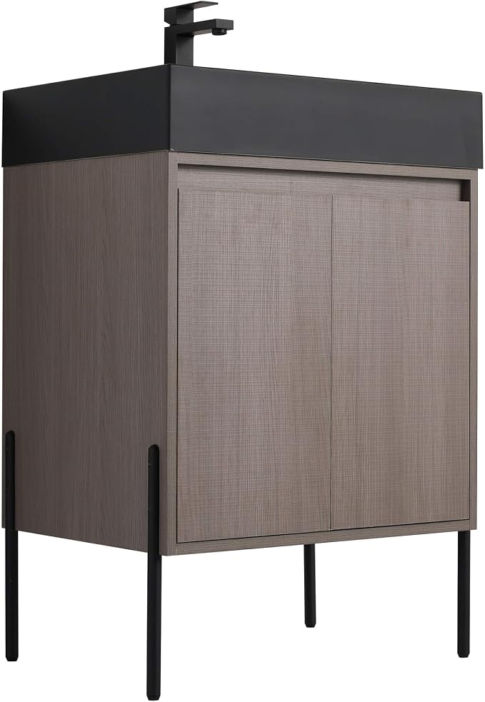 Crownpoint 24 Inch Bathroom Vanity with Sink, Black Sink, Gray Oak Finish, Full Assembly Required, Elegant Bathroom Vanities for Modern Homes
