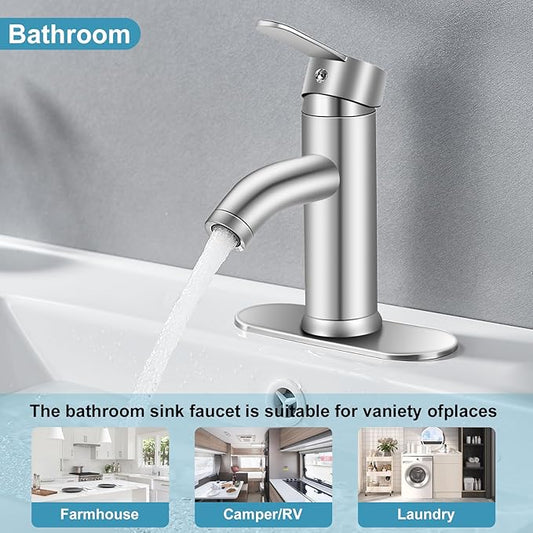 Brushed Nickel Bathroom Faucet Single Handle for 1 or 3 Hole Bathroom Sink Faucet with Deck Pop-up Drain and Supply Pipe,for Mixing wash Basin, RV
