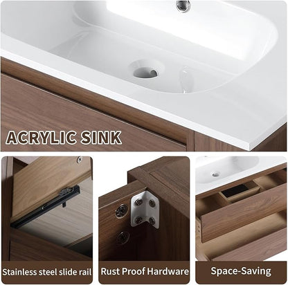 Henf 30 Inch Wall Mount Bathroom Vanity W/Sink Combo, Modern Design Vanity Cabinet with Gel Basin, Floating Mounting Bathroom Cabinet Set with 2 Drawer and Adjustable Storage Shelf,Brown