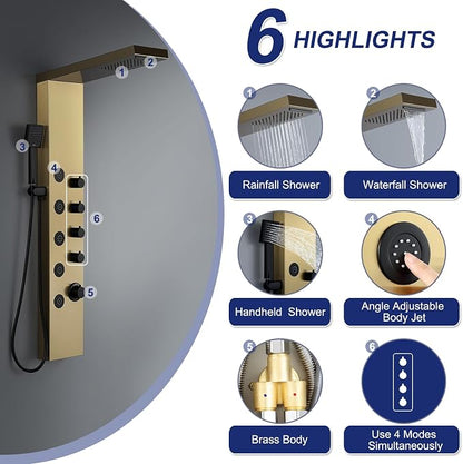 ROVATE 4-in-1 Rainfall Waterfall Shower Panel Tower System, Brushed Gold | Shower Column with Body Massage Jets and Handheld, Stainless Steel High Pressure, Use Multiple Functions Simultaneously