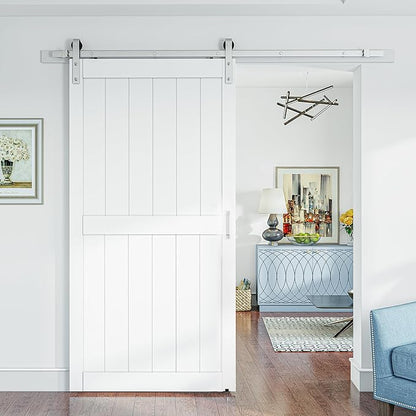 SMARTSTANDARD 42" x 84" White Sliding Barn Door with 7FT Silver Hardware | Pre-Drilled Ready to Assemble, Waterproof PVC Coating, H-Frame