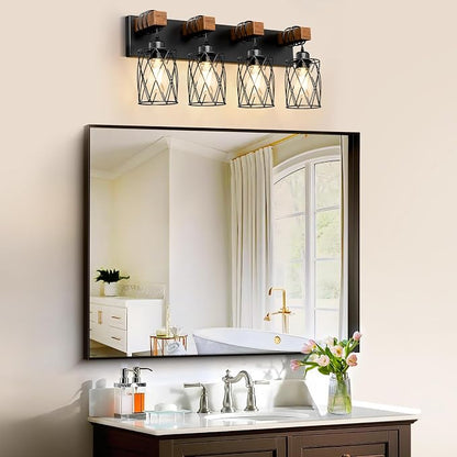 IZORRO Farmhouse Bathroom Vanity Light, 4-Light Wood Bathroom Light Fixtures Over Mirror, Black Industrial Vanity Lights with Metal Shade, Rustic Restroom Lighting Fixtures
