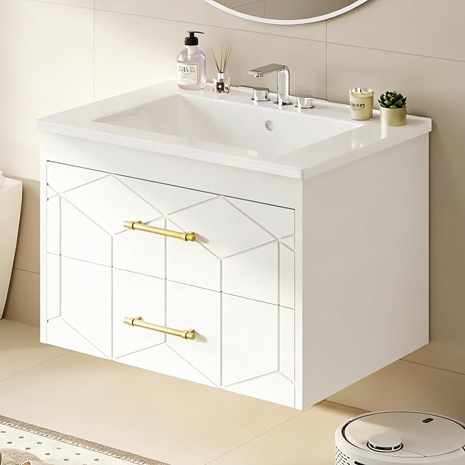 IDEALHOUSE Floating Bathroom Vanity with Sink 24 inch, Modern Bathroom Sink Cabinet, Ceramic Vanity Top, 2 Large Storage Drawers with Gold Metal Handle, Easy to Assembly, White