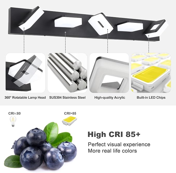 3 Colors Dimmable Black Vanity Light, LED Bathroom Light Fixtures over Mirror, Acrylic Stainless Steel Vanity Lighting Fixtures, 5 Light Bathroom Vanity Light,Adjustable 3000K/4000K/6000K,360° Rotate