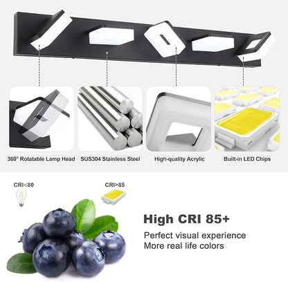 3 Colors Dimmable Black Vanity Light, LED Bathroom Light Fixtures over Mirror, Acrylic Stainless Steel Vanity Lighting Fixtures, 5 Light Bathroom Vanity Light,Adjustable 3000K/4000K/6000K,360° Rotate