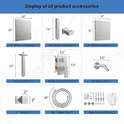 VANFOXLE Shower Faucet Set Brushed Nickel Shower System,Four Modes Shower Faucet with 2 in 1 Handheld,Ceiling Mount 10 Inch Shower Head with 6 Inch Shower Head, 4 PCS Dual Modes Body Jets