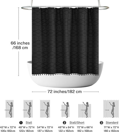 Boho Black Woven Fabric Short Shower Curtain with Tassels 72 x 66 Modern Farmhouse Minimalist Tufted Chevron Striped Shabby Chic Textured, Water Resistant Curtain for Bathroom, Hotel Decor