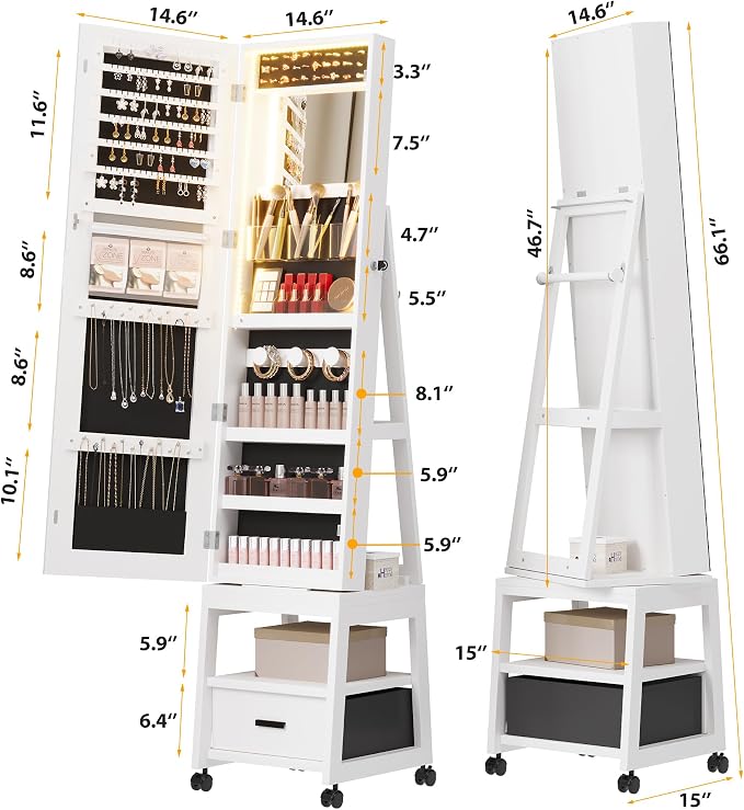 GAOMON 360° Swivel Jewelry Cabinet With Led Lights, Inside Makeup Mirror, Rotatable Full Length Mirror With Jewelry Storage,Lockable Standing Jewelry Armoire Organizer With Drawer and Wheels, White