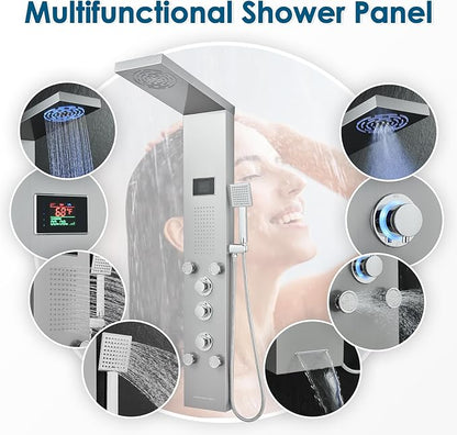ROVOGO No Battery Needed Shower Panel System with Led Lights MIST & RAIN Shower, Body Jets, Handheld, Tub Spout and Temp Display, Hydroelectric Led Shower Tower Column Stainless Steel Brushed