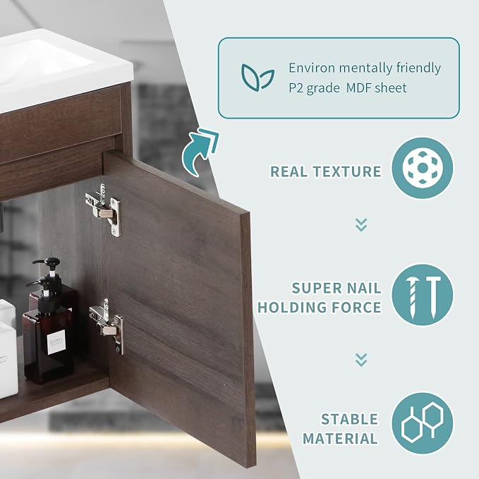 wonline 16” Bathroom Vanity Sink Combo for Small Space Wall Mounted Cabinet Set Design White Resin Basin Sink Top Chrome Faucet Wood Color