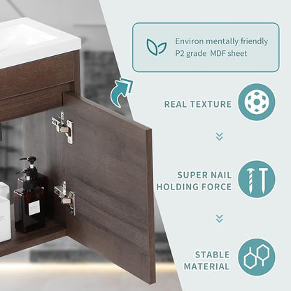 wonline 16” Bathroom Vanity Sink Combo for Small Space Wall Mounted Cabinet Set Design White Resin Basin Sink Top Chrome Faucet Wood Color