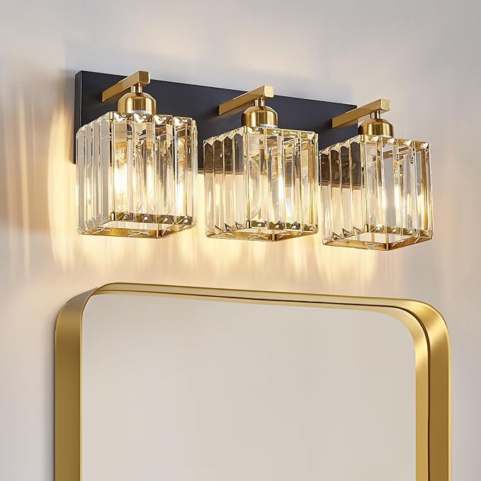 Modern Crystal Bathroom Lights Fixtures Black Gold 3-Lights Bathroom Vanity Lights Over Mirror Brass Vanity Lighting Fixtures Crystal Wall Lighting with Polished Gold Finish