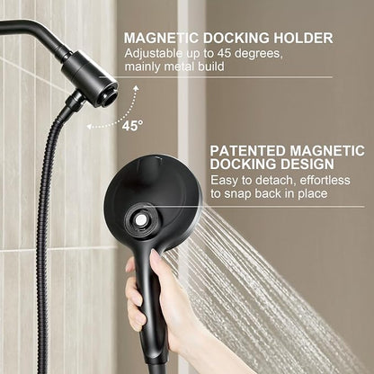 Handheld Shower Head with Magnetic Docking System | 9-Function High Pressure Detachable Shower Head, 5-inch Showerhead with 72 Inch Hose, Remote Dock, Matte Black, SH180-MB-D